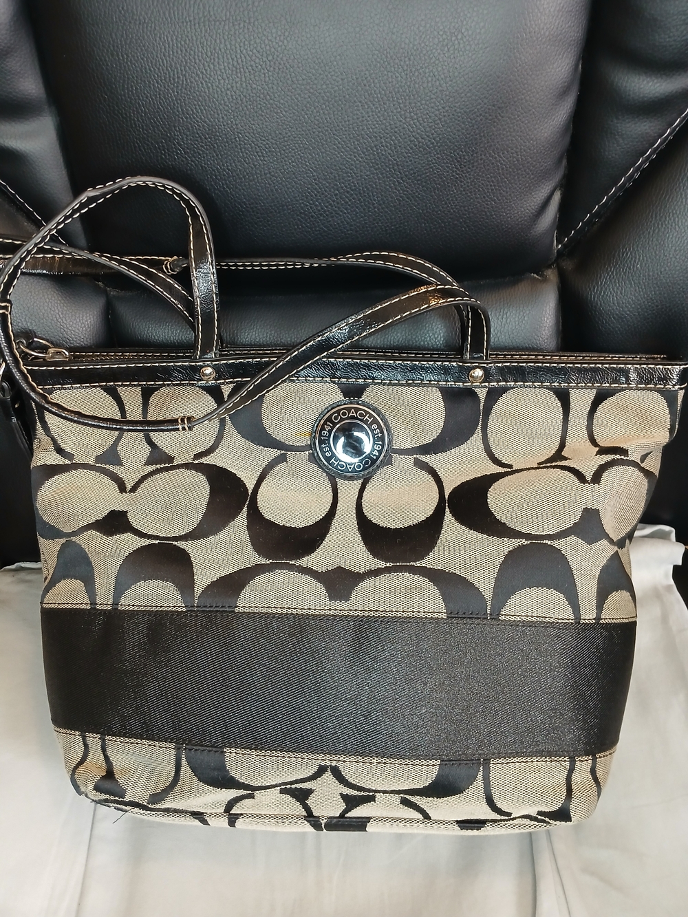 Coach Signature Stripe Canvas Tote in Khaki/Black